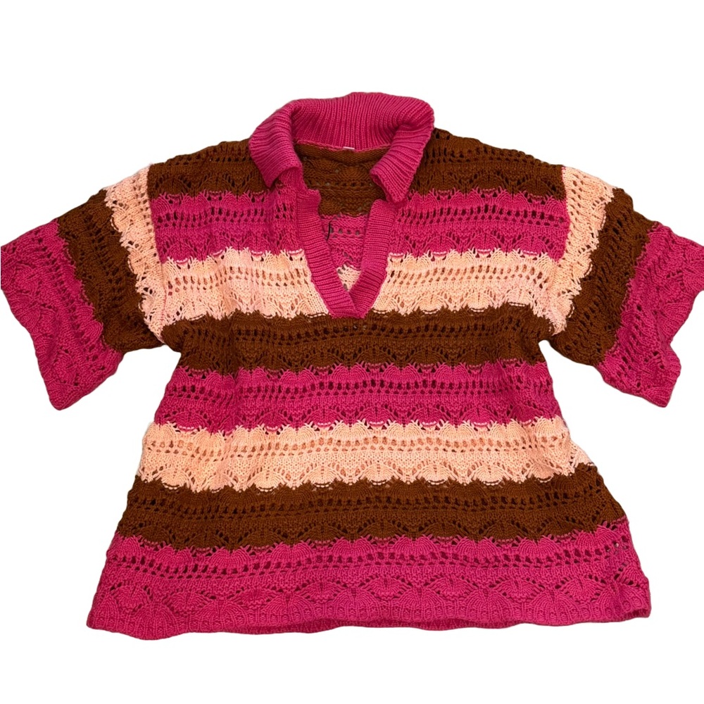Vibrant Pink and Brown Striped Short Sleeve Sweater